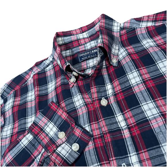 Sugar Cane Lightweight Plaid Button Down Shirt Size Large Made In USA Toyo Japan - Picture 1 of 10